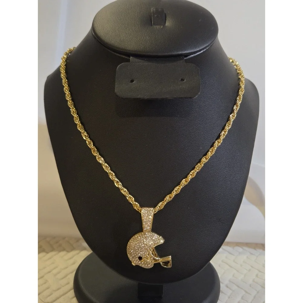 Iced Cz‎ 14k Gold Plated Football Player Helmet Pendant 24 Rope Chain Necklace